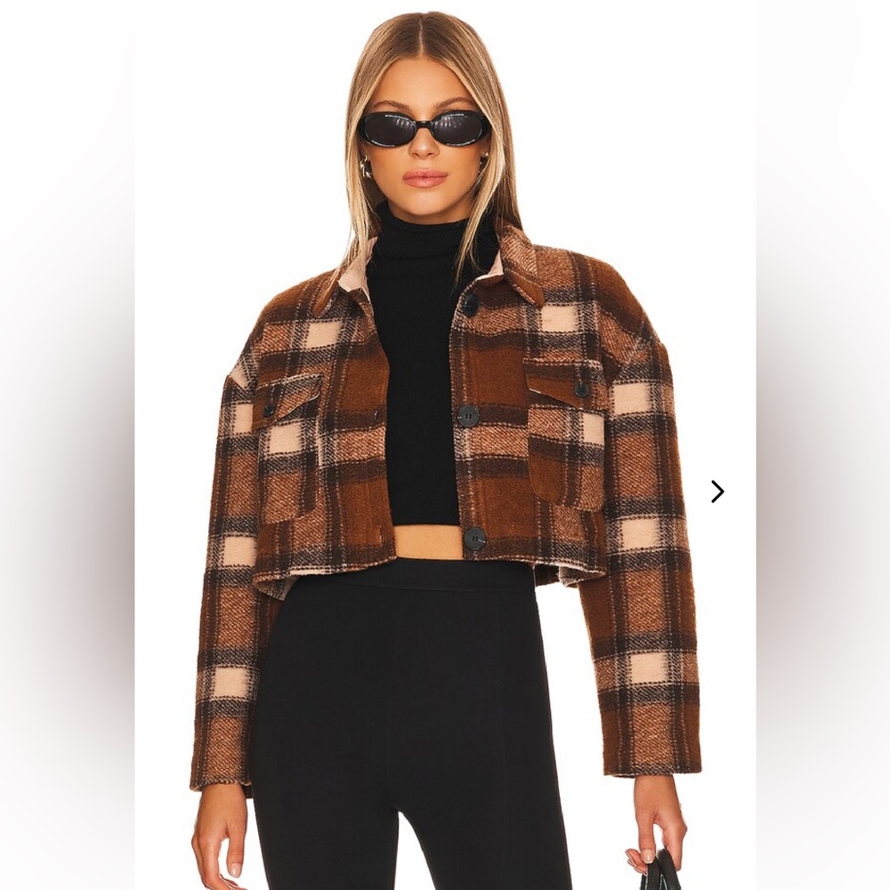 Lovers + Friends Roxy Plaid Brown and Cream Utility Shacket